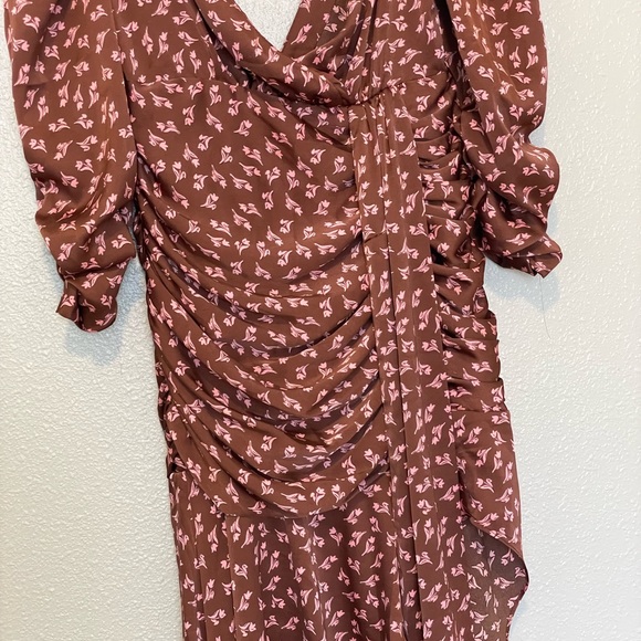 LUSH satin floral ruched Dress Womens Small Midi Asymmetrical Cut Out Back Brown - Picture 5 of 13